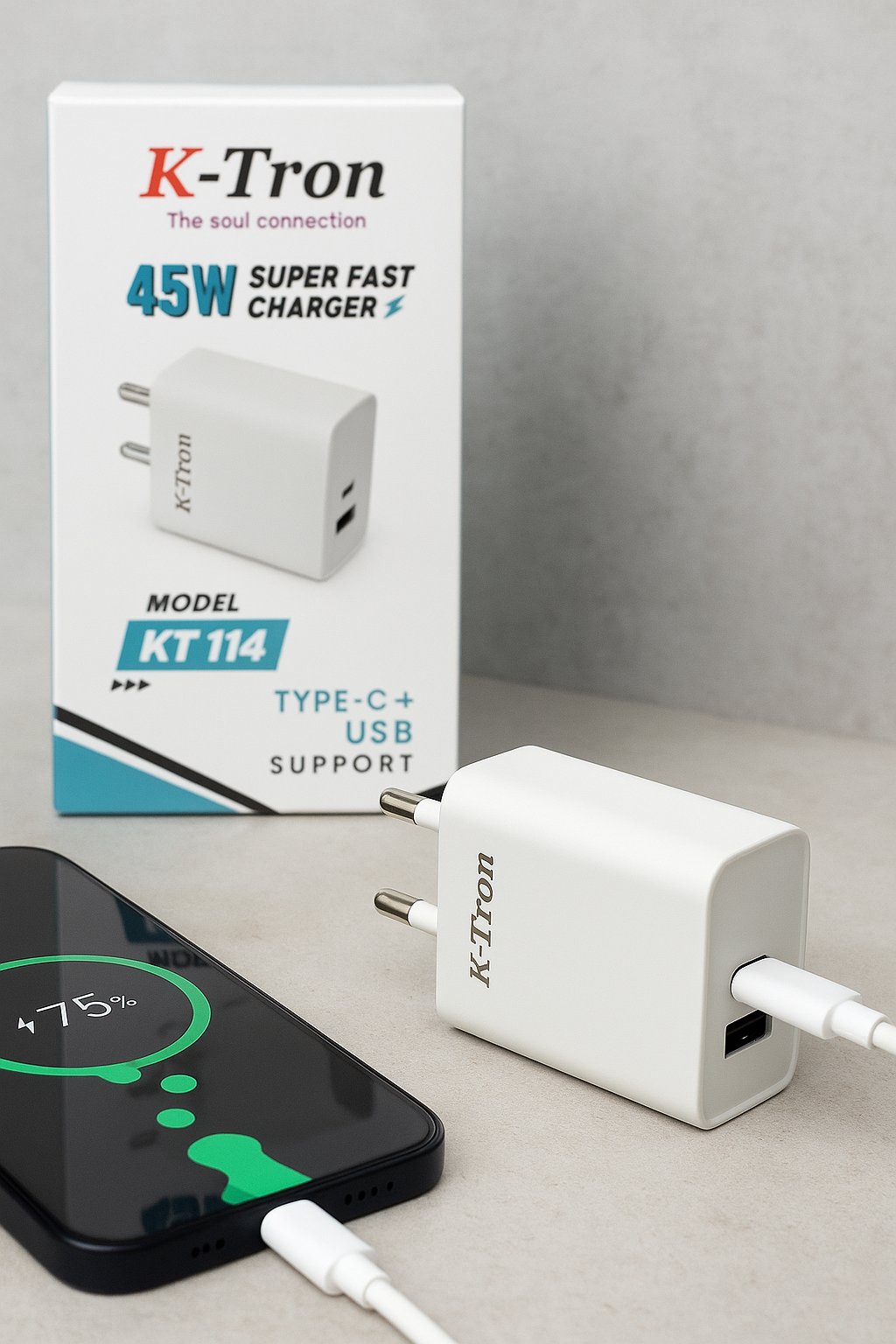 K-TRON 45W Super Fast Charger Type C + USB   {KT-114}