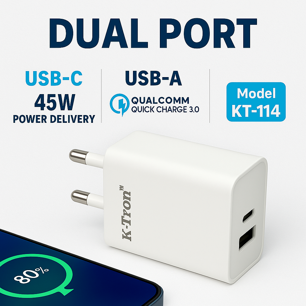 K-TRON 45W Super Fast Charger Type C + USB   {KT-114}