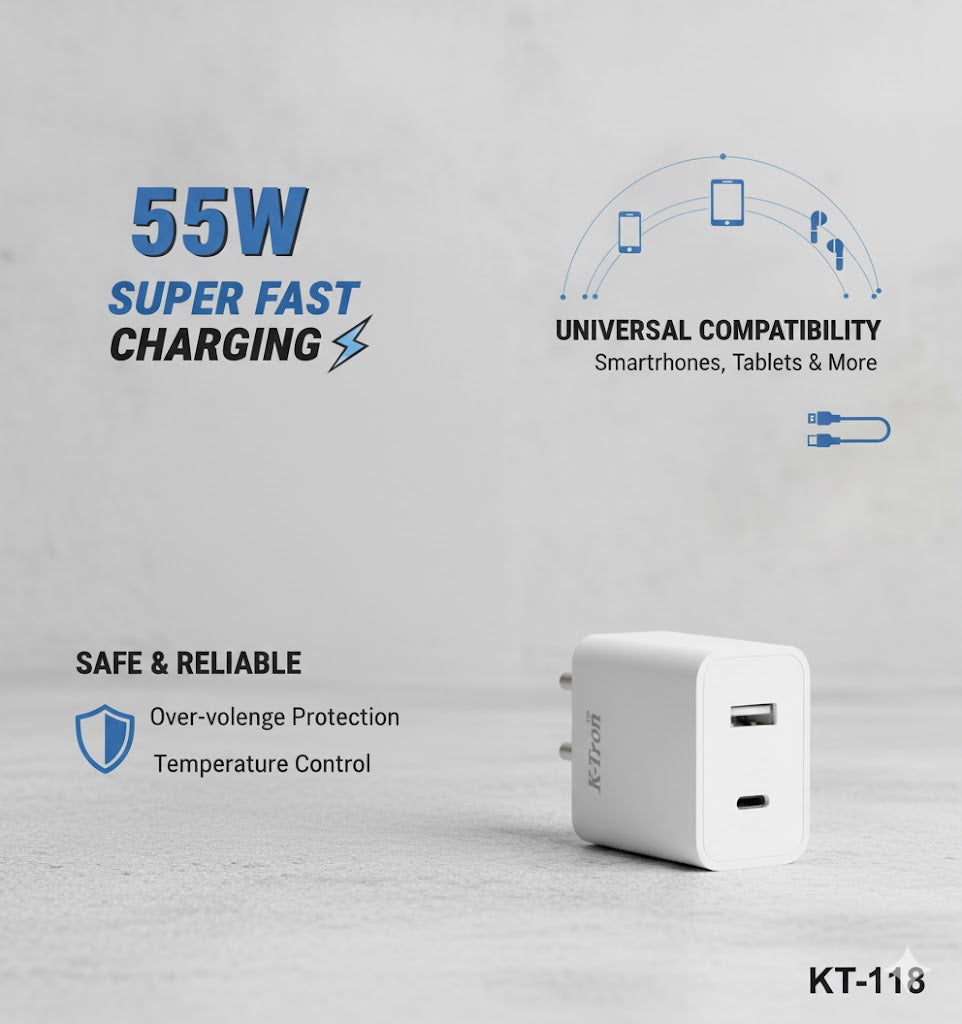 K-TRON 55W Super Fast Charger Type C + USB    {KT-118}